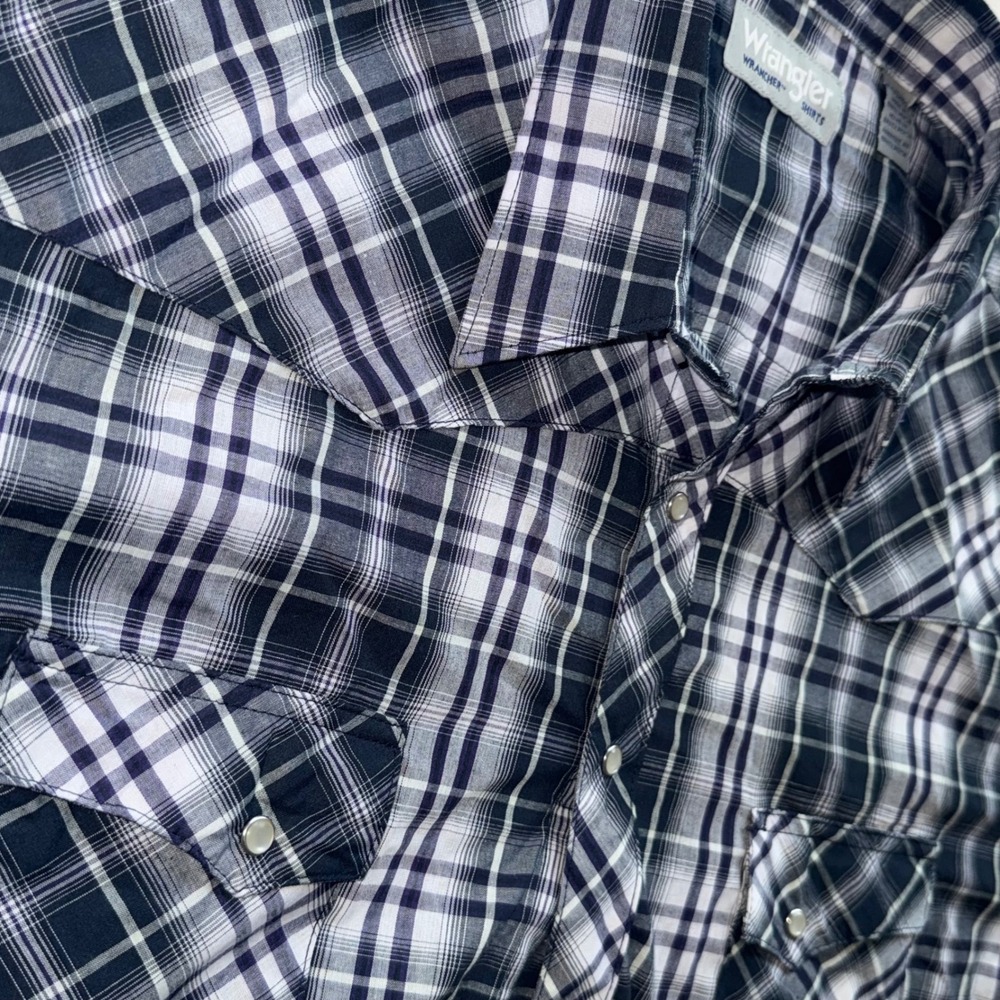 Wrangler Wrancher Mens 2XT Plaid Western Pearl Snap Short Sleeve Shirt Navy